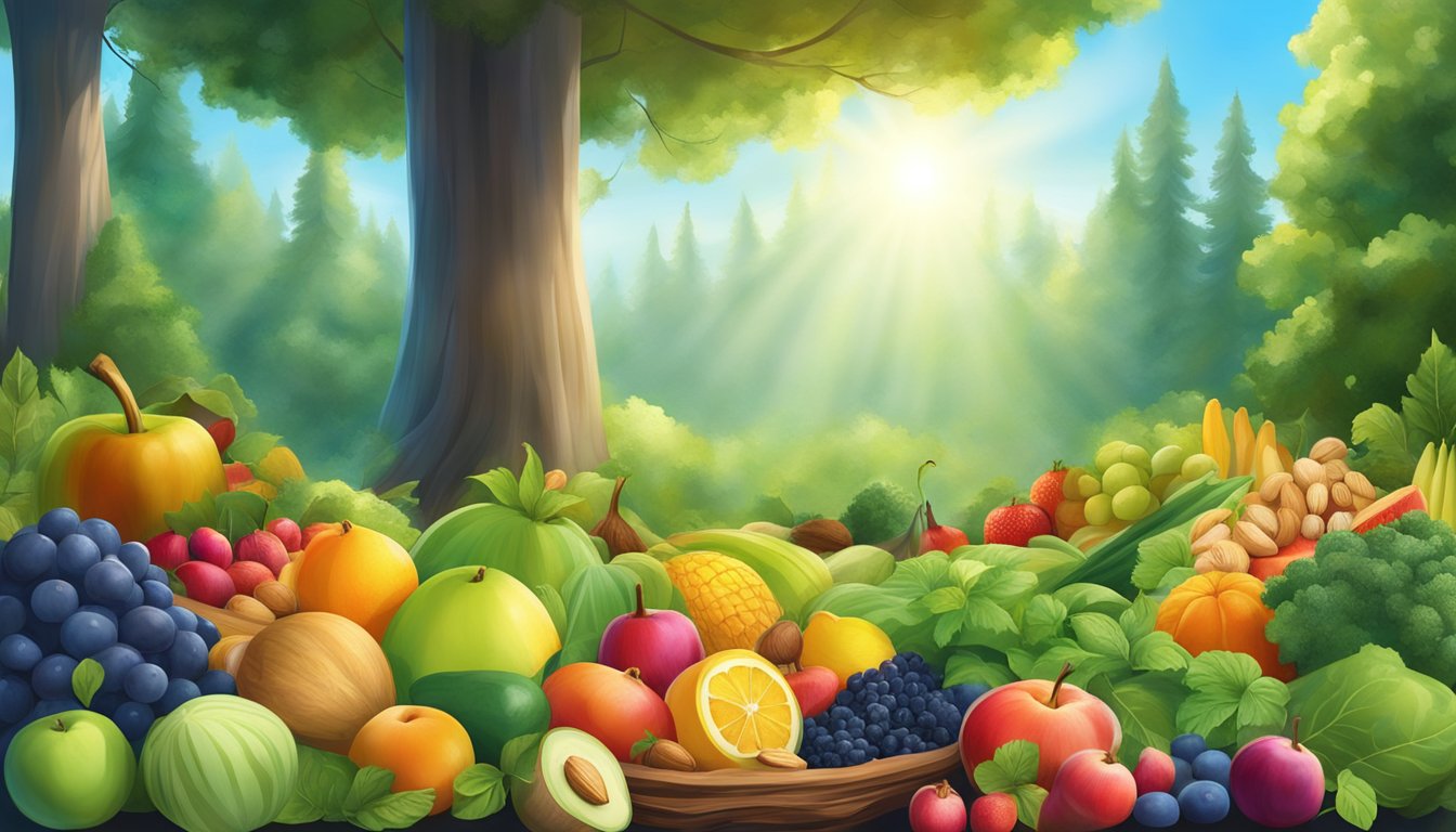 A serene forest clearing with a beam of sunlight illuminating a spread of colorful fruits, vegetables, and nuts, surrounded by lush greenery and a clear blue sky