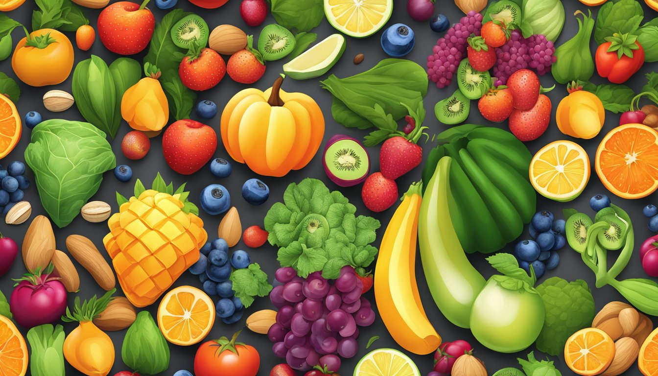 A colorful array of fresh fruits, vegetables, nuts, and seeds arranged in a vibrant and balanced composition