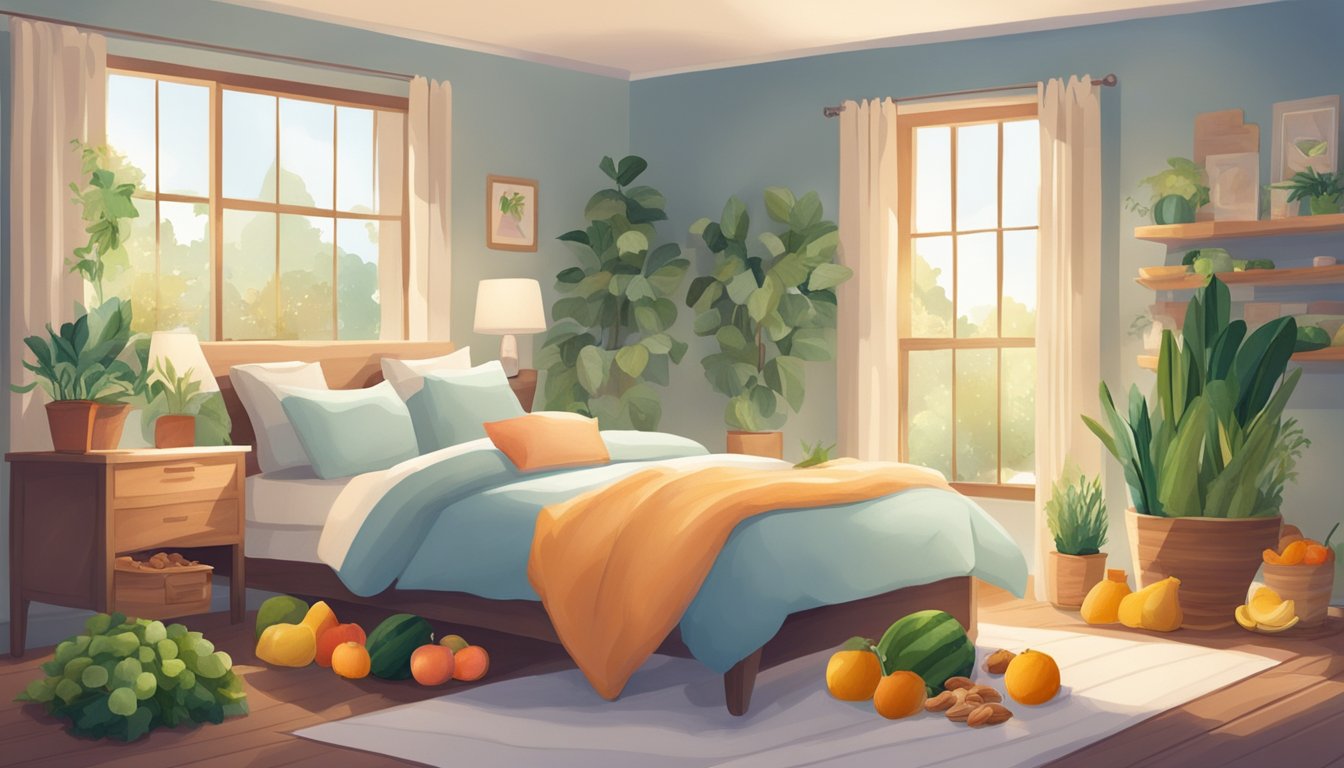 A serene bedroom with a cozy bed, surrounded by a variety of grain-free foods such as fruits, vegetables, and nuts. A peaceful and inviting atmosphere promotes better sleep quality