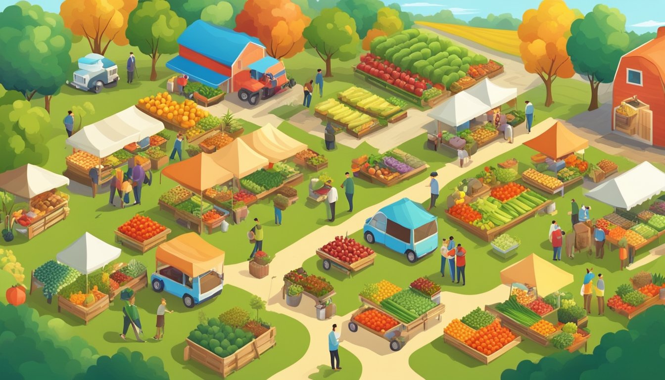 A vibrant farmers' market with colorful fruits and vegetables, surrounded by fields of crops and happy animals grazing on a sunny day