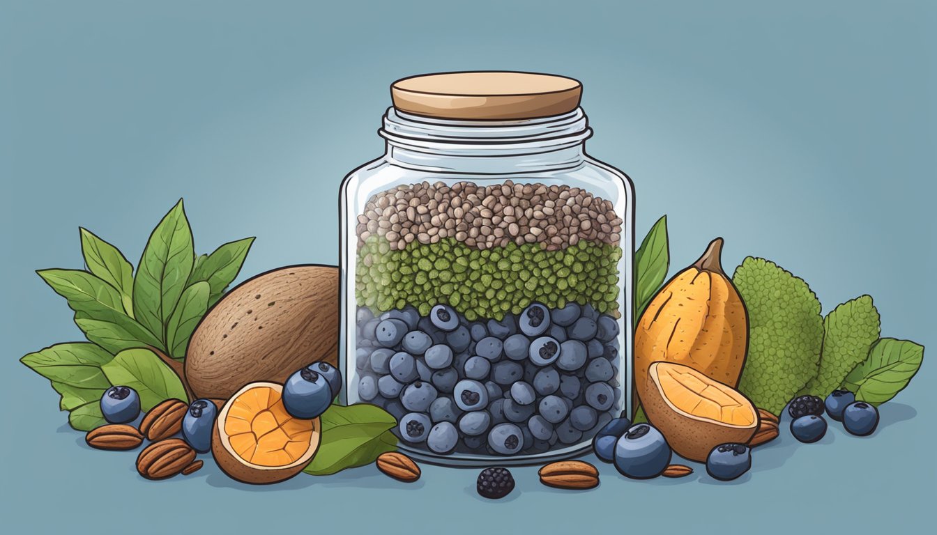 A glass jar overflowing with chia seeds surrounded by various Texas superfoods like pecans, blueberries, and sweet potatoes