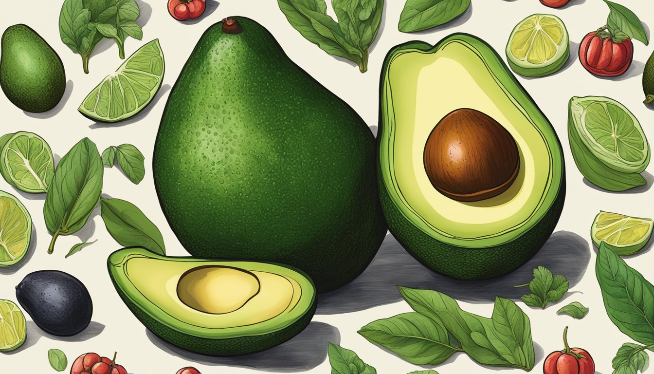 A ripe avocado surrounded by various Texas superfoods