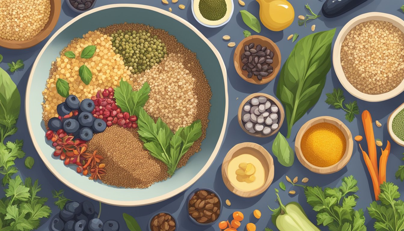 A bowl of quinoa surrounded by various Texas superfoods