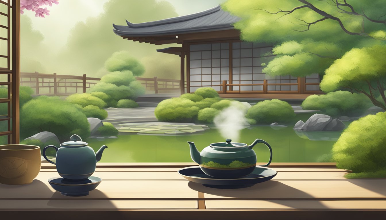 A serene Japanese garden with a traditional tea ceremony set-up, featuring a steaming cup of matcha and a tranquil atmosphere