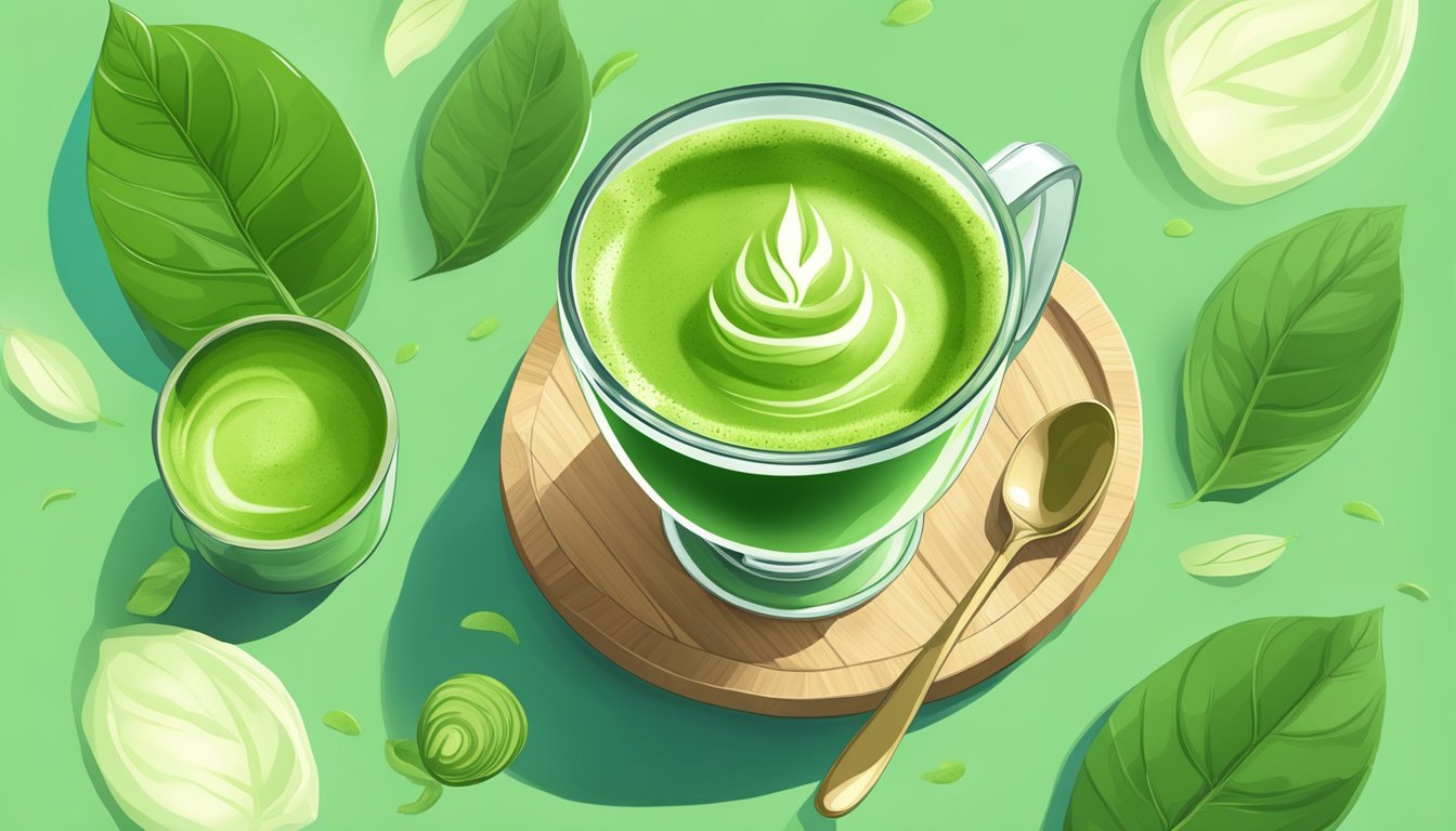 A vibrant green matcha latte surrounded by fresh, organic matcha leaves and a measuring spoon, with a soft, natural light illuminating the scene