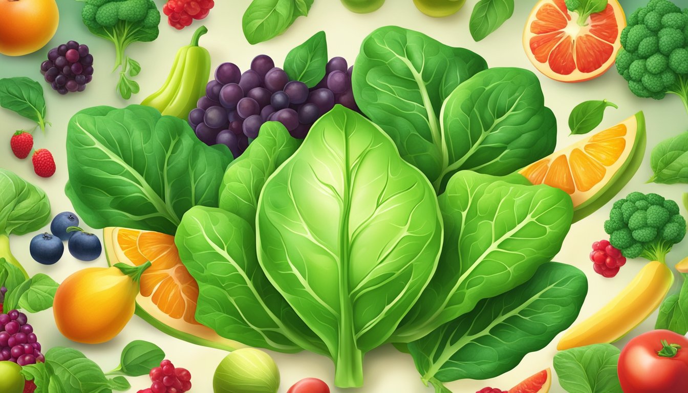 A vibrant green spinach leaf surrounded by colorful fruits and vegetables, with a glowing pancreas in the background