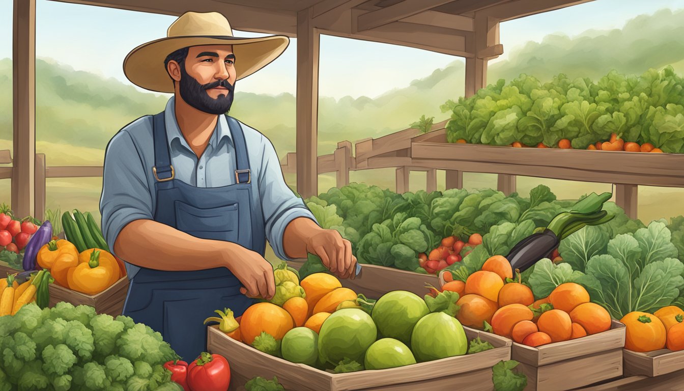 A farmer carefully selects ripe fruits and vegetables for Texas Superfoods