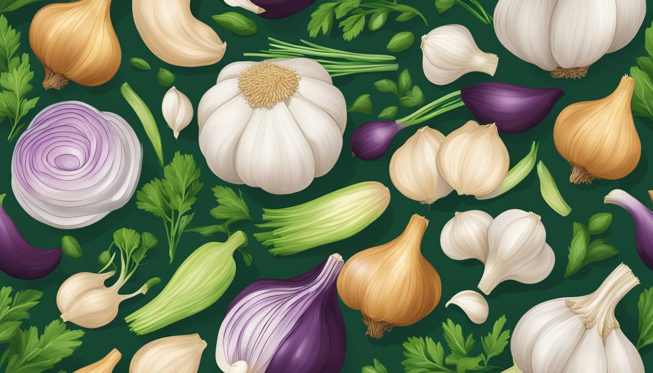 A colorful array of fresh garlic bulbs and cloves, surrounded by vibrant green herbs and vegetables, with a glowing pancreas in the background