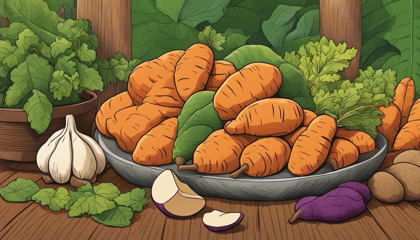 A colorful array of yams arranged in a bountiful harvest scene with a vibrant green backdrop