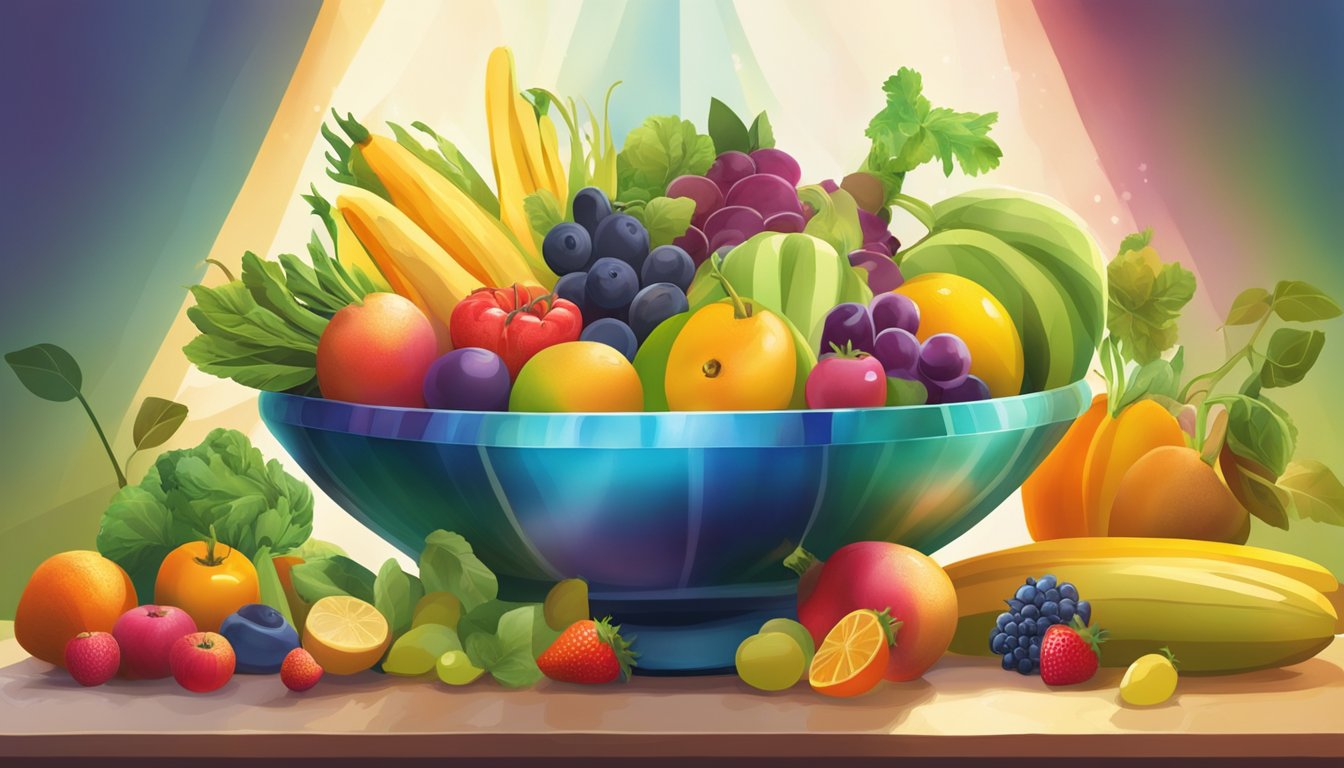 A vibrant, colorful fruit bowl overflowing with fresh, ripe fruits and vegetables, surrounded by rays of energy and vitality