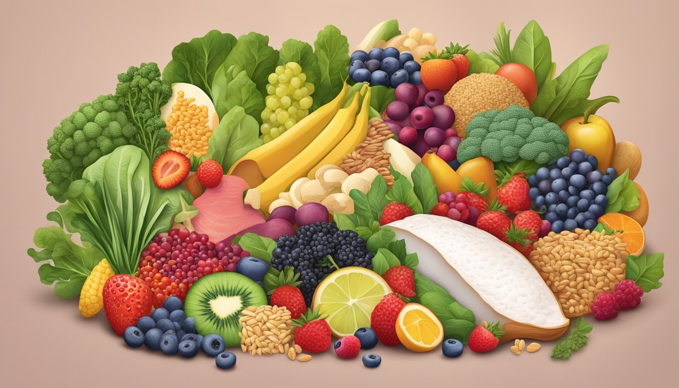 A healthy pancreas surrounded by colorful, nutrient-rich foods, such as leafy greens, berries, and whole grains, with digestive enzymes flowing from the pancreas to aid in the breakdown of food