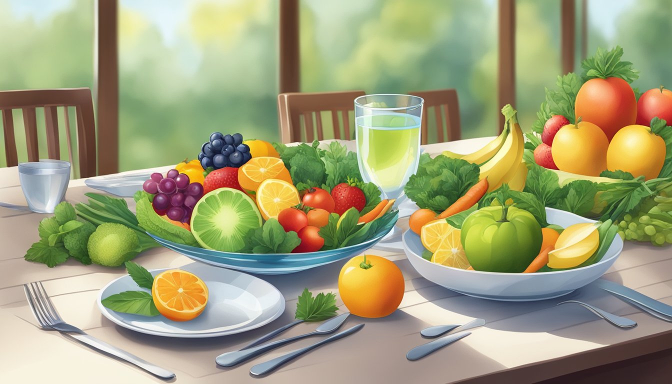 A colorful plate filled with a variety of fresh fruits and vegetables, alongside a glass of water, on a clean and simple table setting