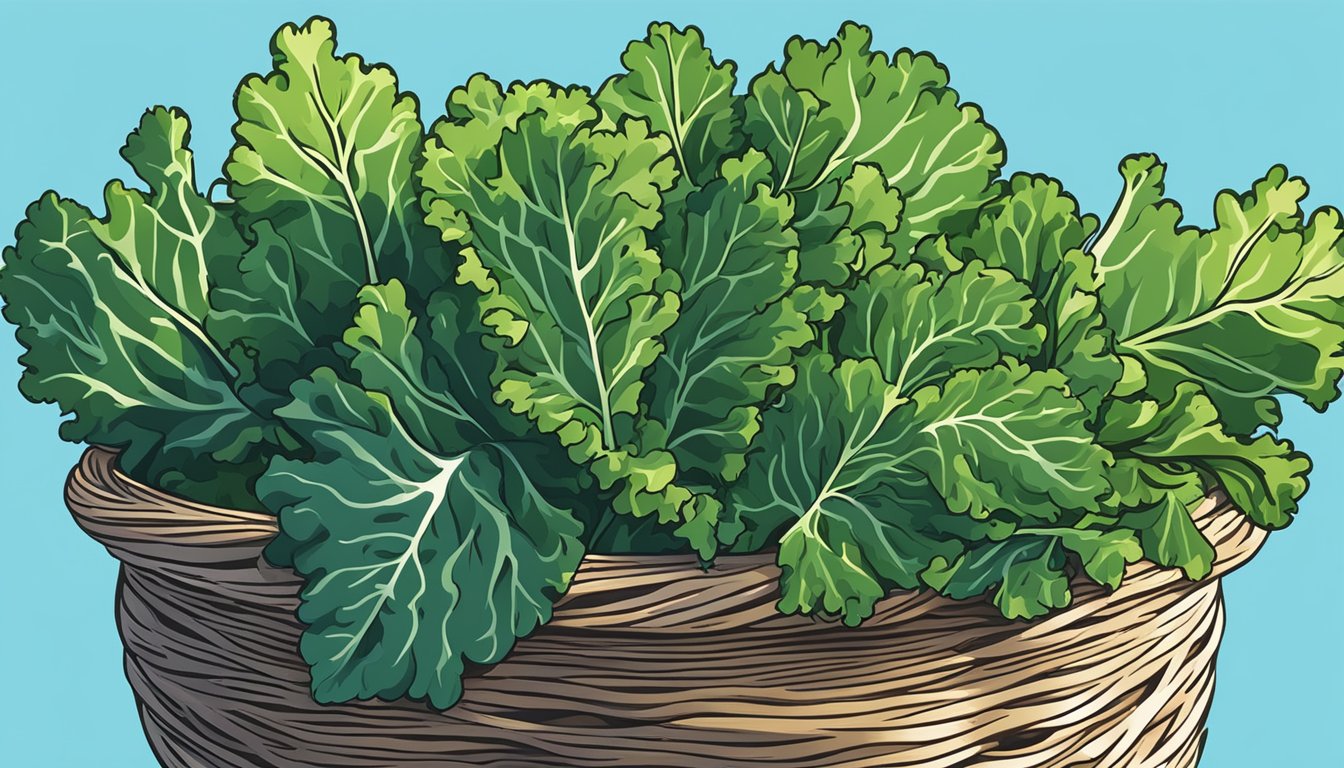 A vibrant bunch of kale leaves arranged in a basket with a clear blue sky and sunshine in the background