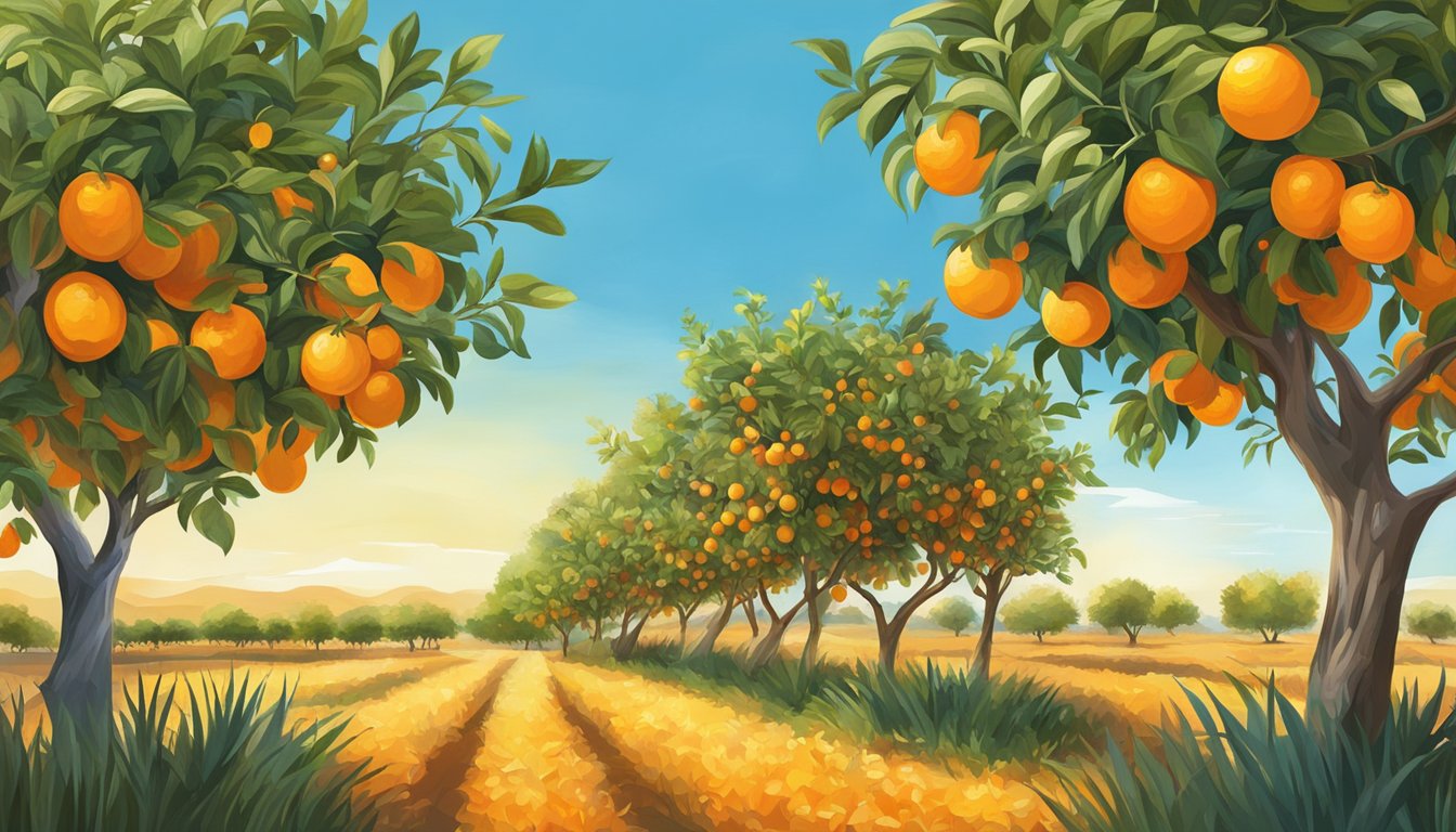 A vibrant orange orchard with ripe fruit hanging from the branches under a clear blue sky