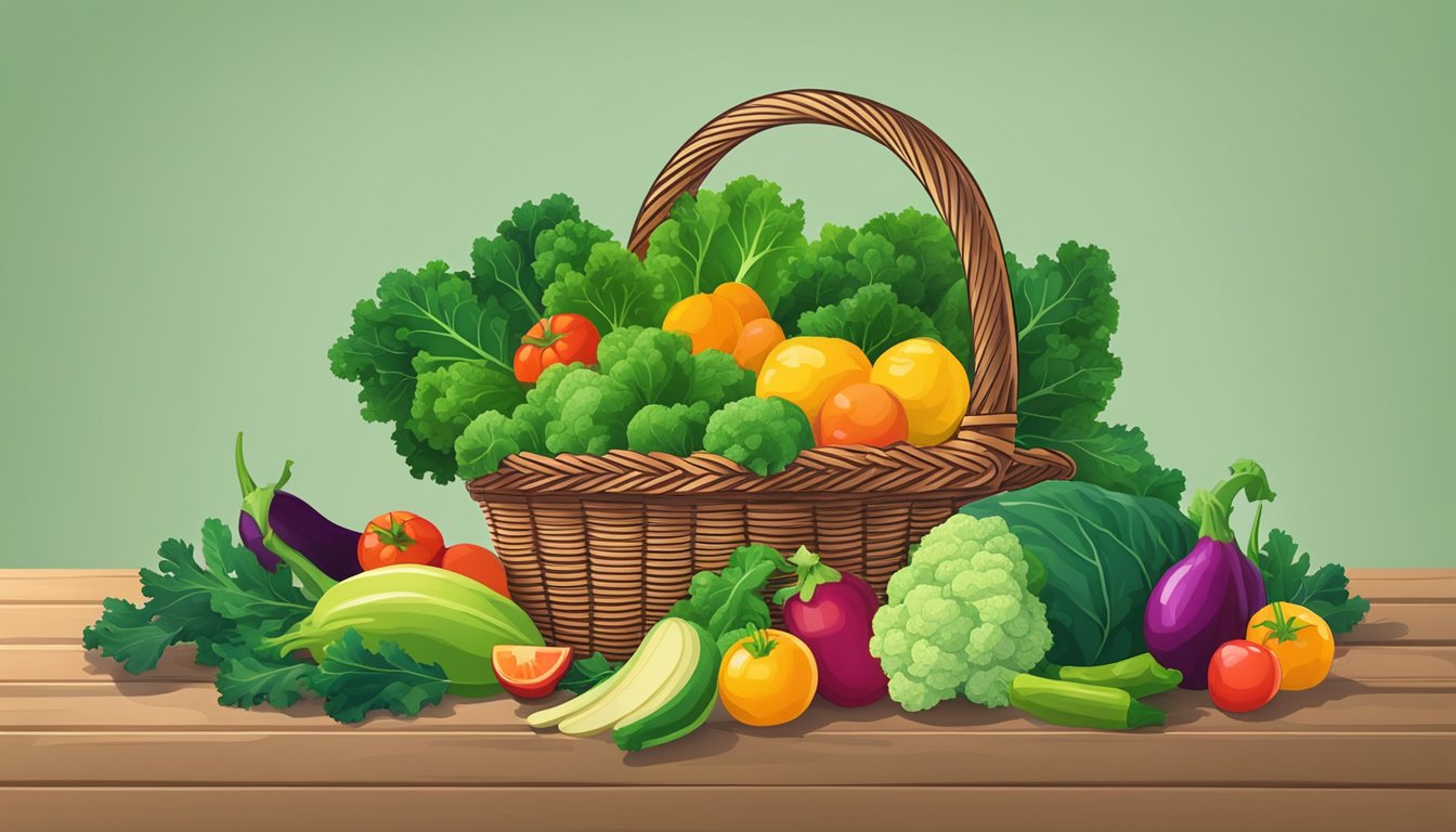 A vibrant bunch of kale leaves arranged in a wicker basket, surrounded by fresh vegetables and fruits on a wooden table