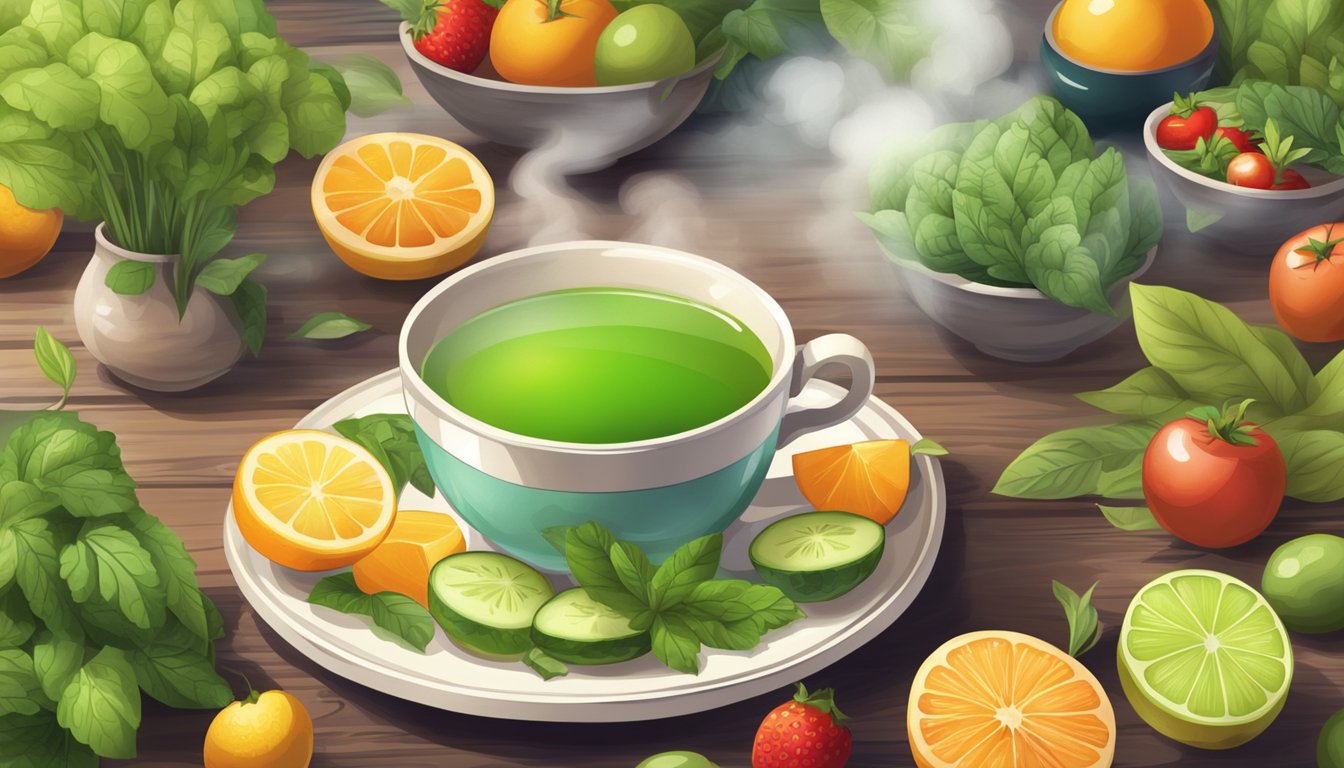 A steaming cup of green tea surrounded by fresh fruits and vegetables on a wooden table