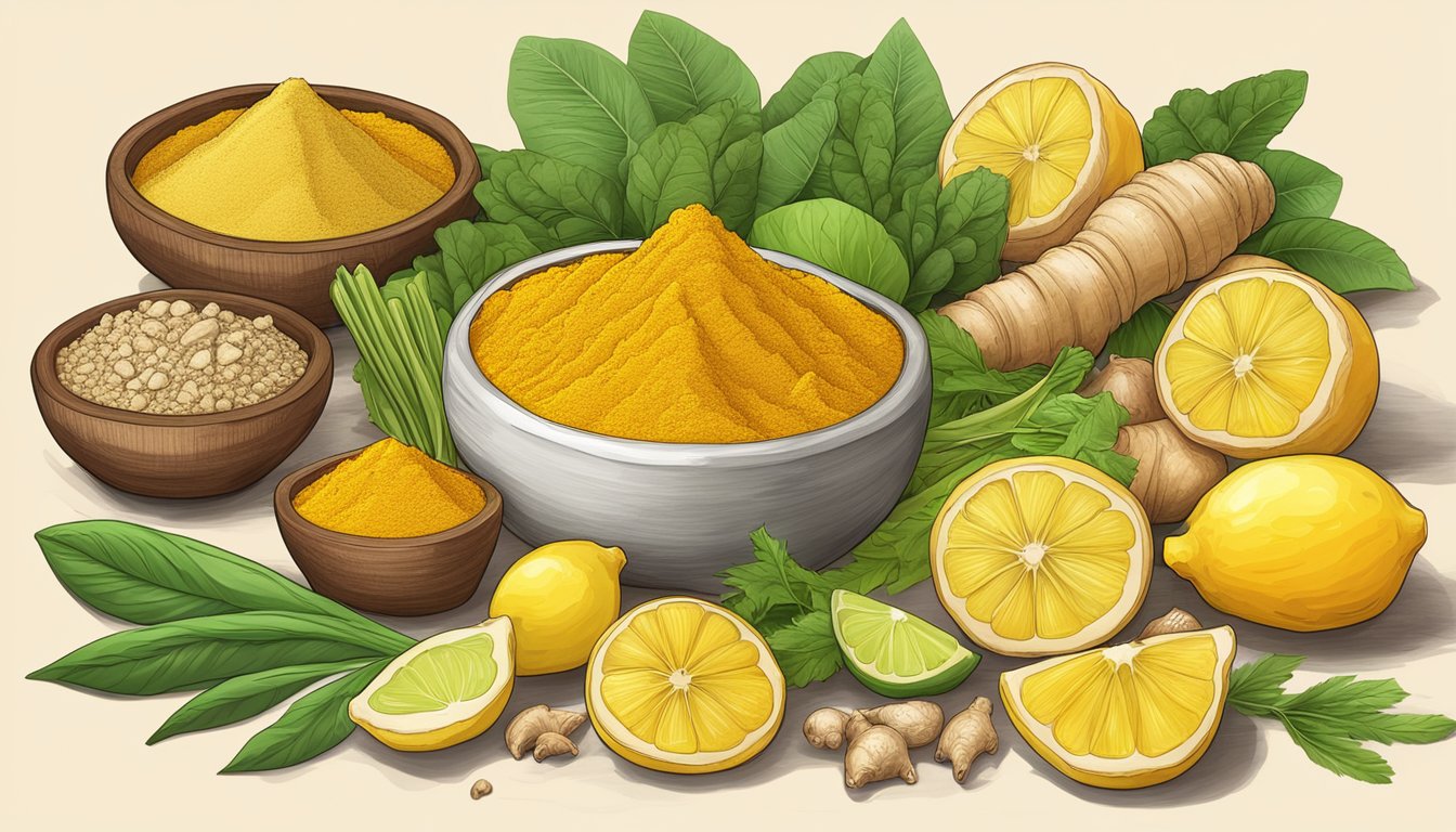 A vibrant pile of turmeric root and powder, surrounded by fresh ginger, lemons, and green vegetables