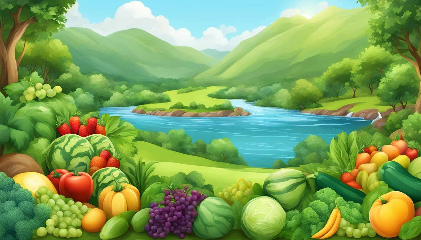 A lush green landscape with an abundance of colorful fruits and vegetables, surrounded by flowing water and clean, fresh air