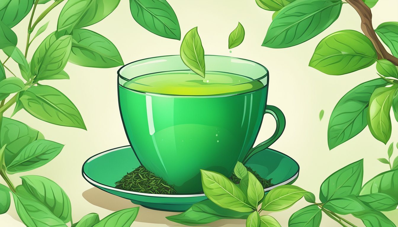 A steaming cup of green tea surrounded by fresh green tea leaves and a vibrant, healthy liver