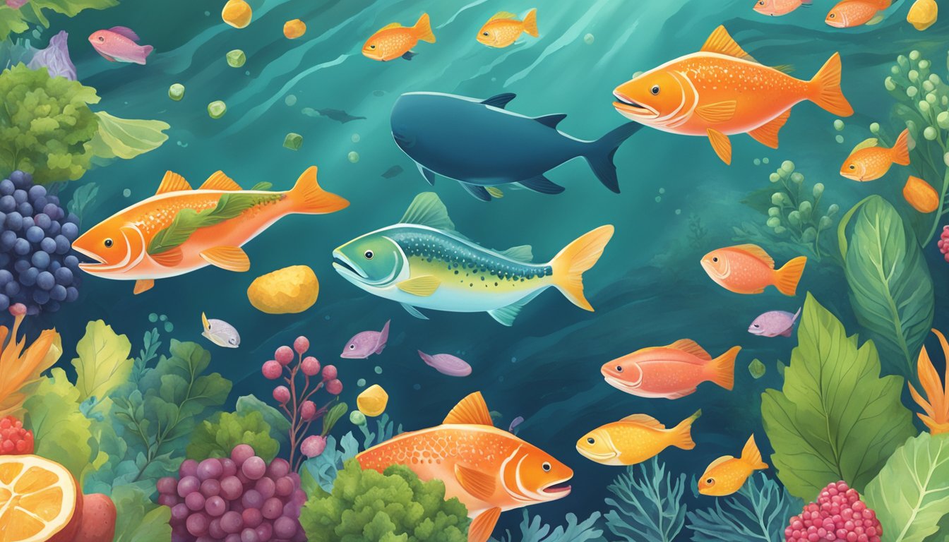 A colorful illustration of a pregnant salmon swimming gracefully in a clear, vibrant ocean, surrounded by an array of nutrient-rich foods like leafy greens and berries