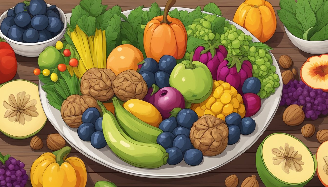 A bowl of walnuts surrounded by colorful fruits and vegetables on a wooden table