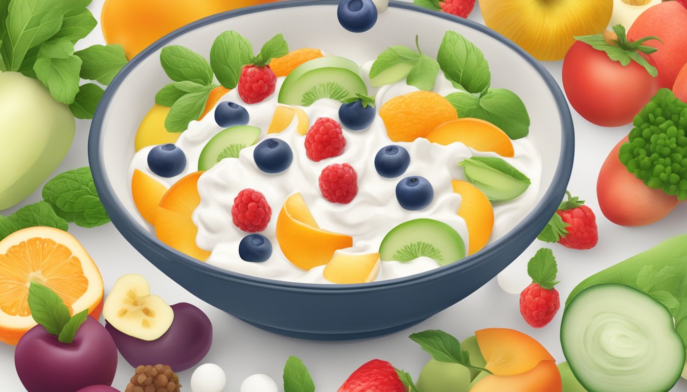 A bowl of Greek yogurt surrounded by colorful fruits and vegetables, symbolizing a healthy diet for pregnancy and fetal development