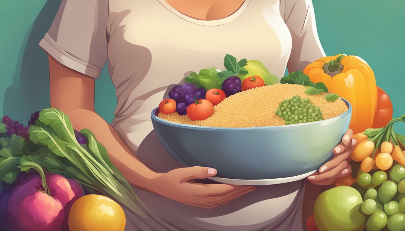 A pregnant woman holding a bowl of quinoa surrounded by colorful fruits and vegetables, with a radiant glow on her face