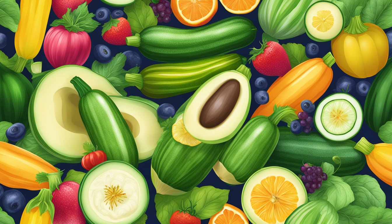 A vibrant zucchini surrounded by a refreshing assortment of hydrating fruits and vegetables