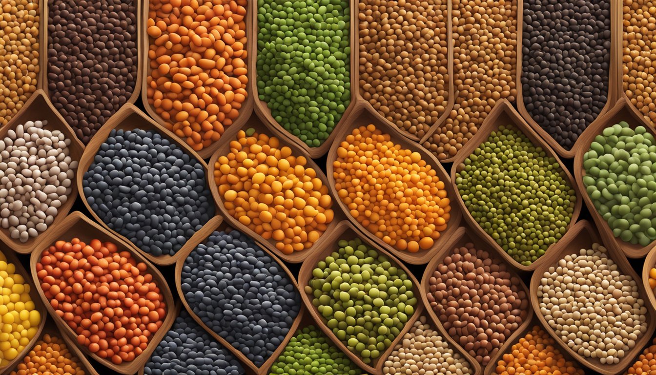 A colorful array of lentils, including green, brown, and red varieties, arranged in a vibrant and inviting display