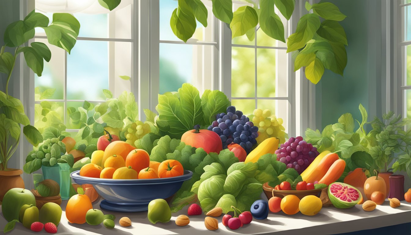 A table filled with colorful fruits, vegetables, nuts, and seeds, surrounded by vibrant green plants and natural sunlight streaming in through a window