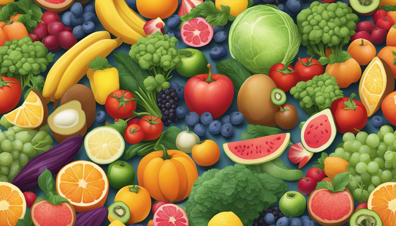 A colorful array of fresh fruits and vegetables arranged on a table, surrounded by a variety of nutrient-rich foods and supplements