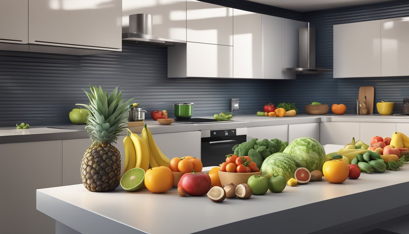 A colorful array of fresh fruits, vegetables, nuts, and seeds arranged on a sleek, modern kitchen counter, with a background of futuristic, high-tech kitchen appliances