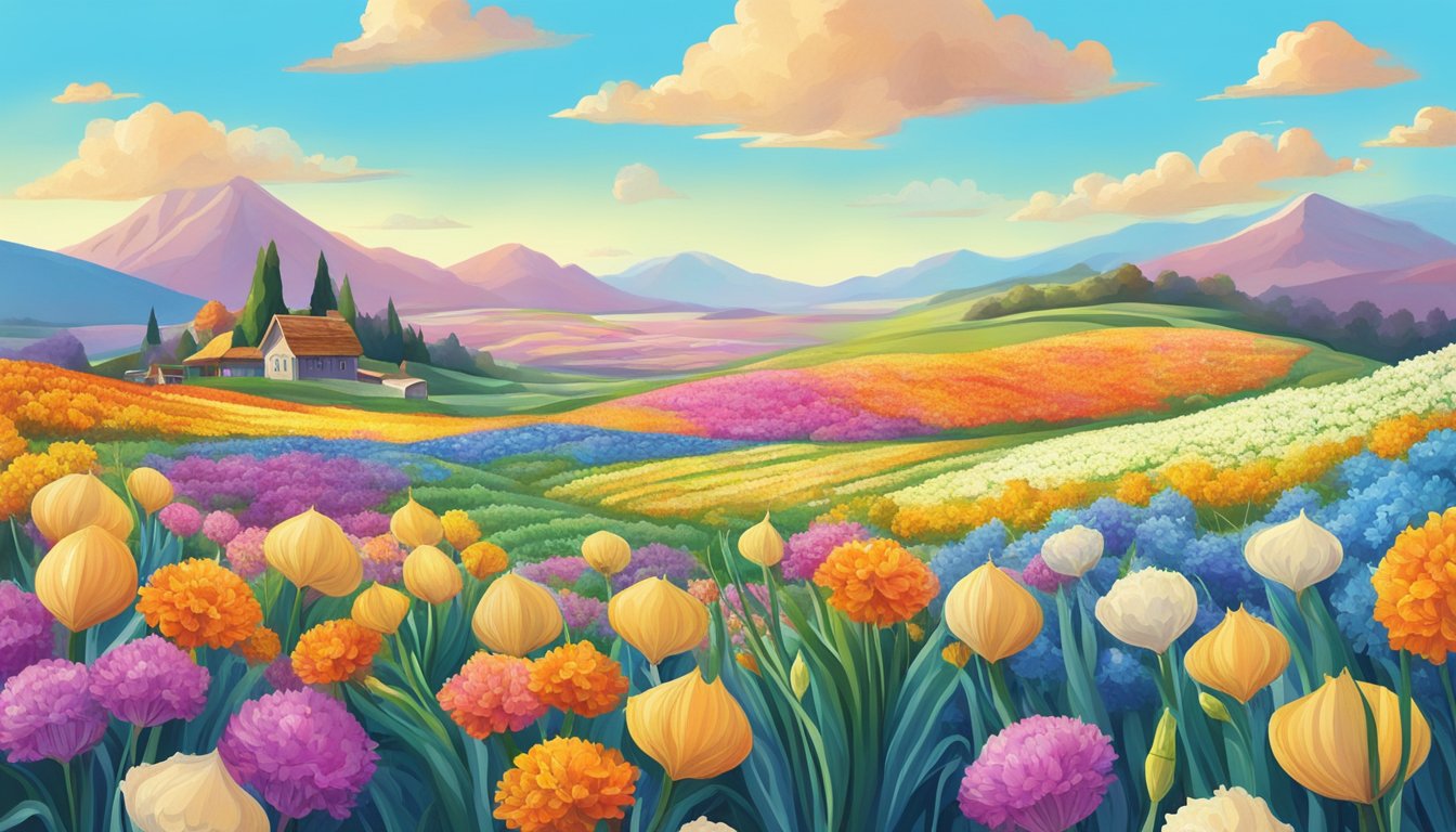 A vibrant bunch of onions surrounded by colorful, blooming flowers under a bright blue sky