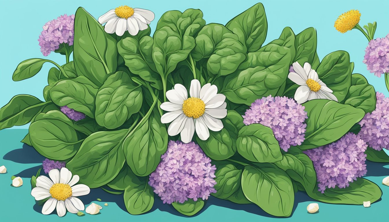 A vibrant bunch of fresh spinach surrounded by blooming flowers and clear blue skies, symbolizing the best foods to combat seasonal allergies