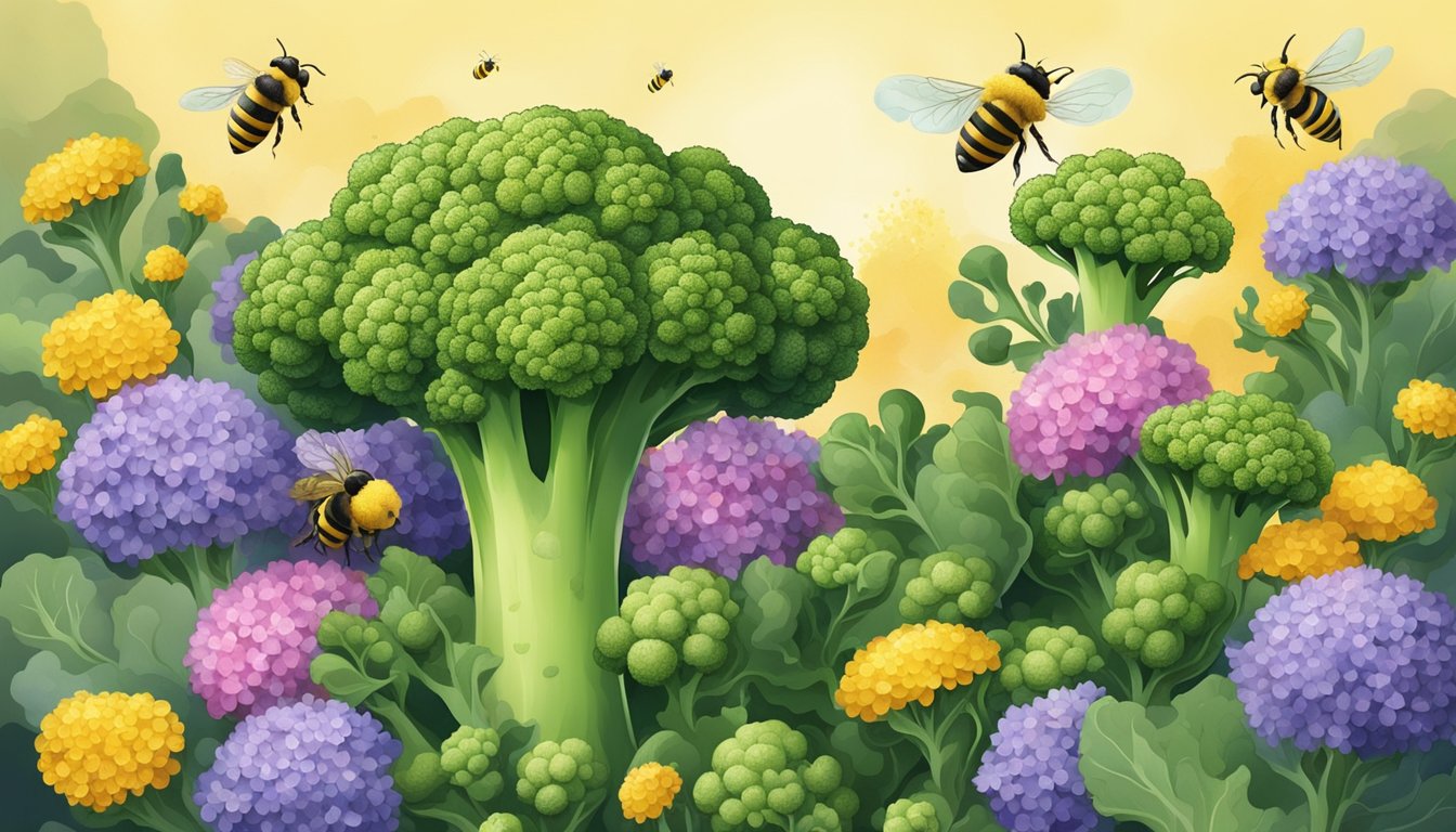 Fresh broccoli surrounded by blooming flowers and buzzing bees