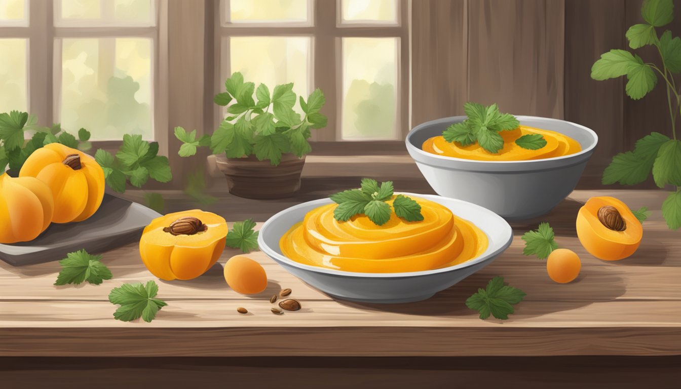 A bowl of apricot and acorn squash puree sits on a rustic wooden table, garnished with a sprinkle of fresh herbs and a drizzle of olive oil