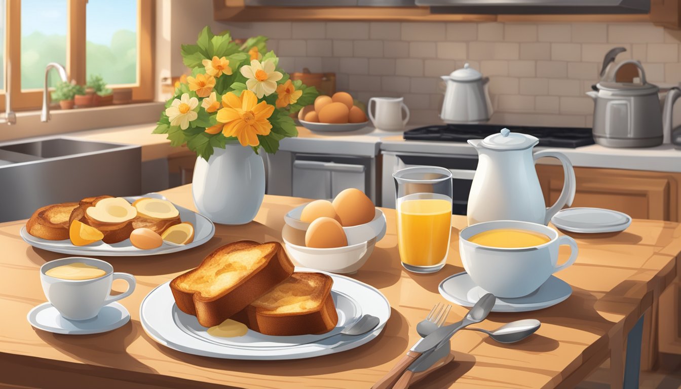 A cozy kitchen with a wooden table set for breakfast, featuring a plate of baked apple French toast surrounded by fresh ingredients like eggs, milk, cinnamon, and apples