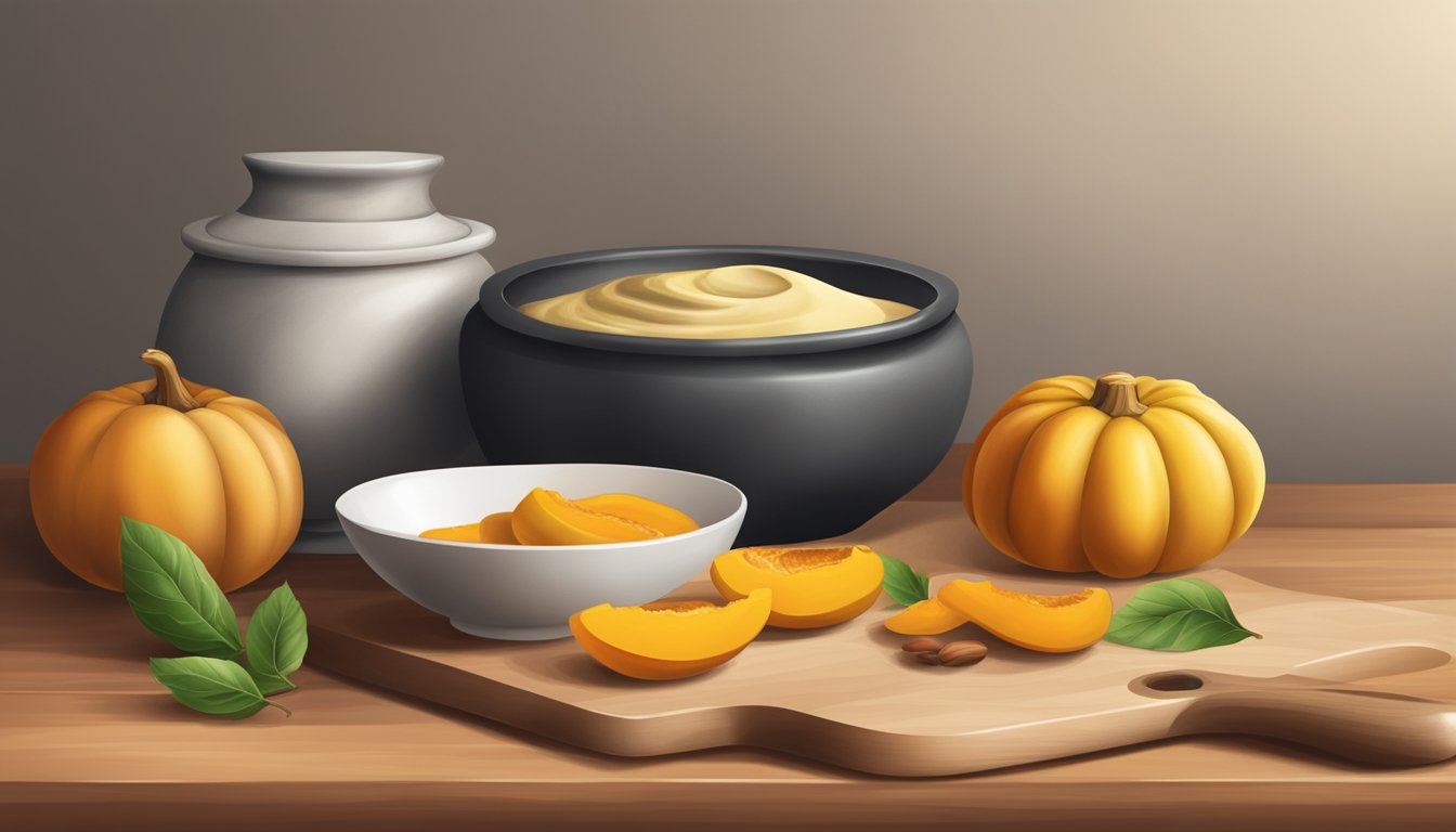 A wooden cutting board with ripe apricots and acorn squash, a mortar and pestle, and a small bowl of puree