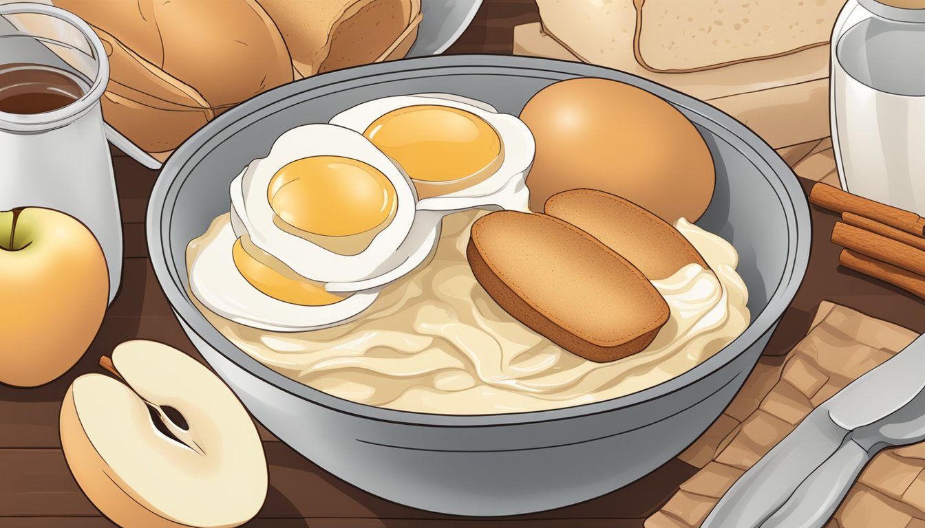 A mixing bowl filled with eggs, milk, cinnamon, and sliced apples, surrounded by bread slices, ready to be soaked in the mixture