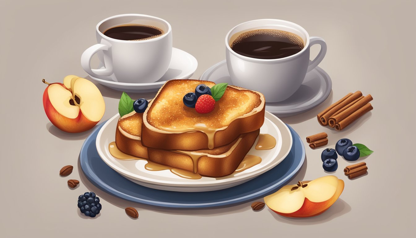 A table set with a golden-brown baked apple french toast, topped with a sprinkle of cinnamon and a drizzle of maple syrup, surrounded by fresh berries and a steaming cup of coffee