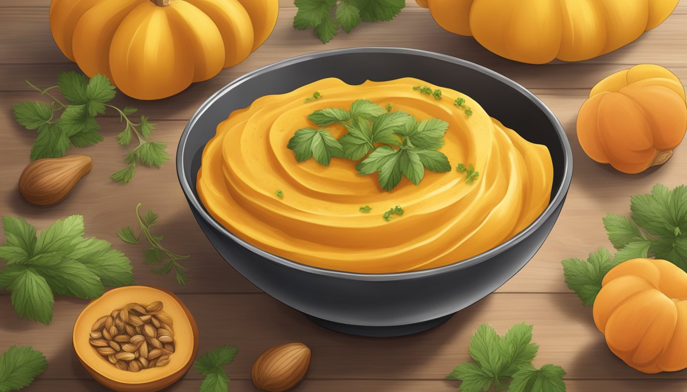 A wooden serving bowl filled with smooth apricot and acorn squash puree, garnished with a sprinkle of fresh herbs