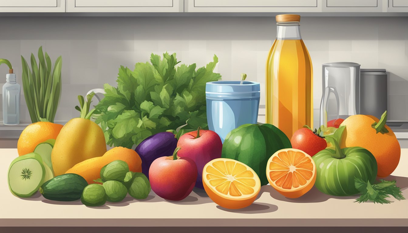 A colorful array of fruits and vegetables, a glass of water, and a bottle of herbal tea on a kitchen counter