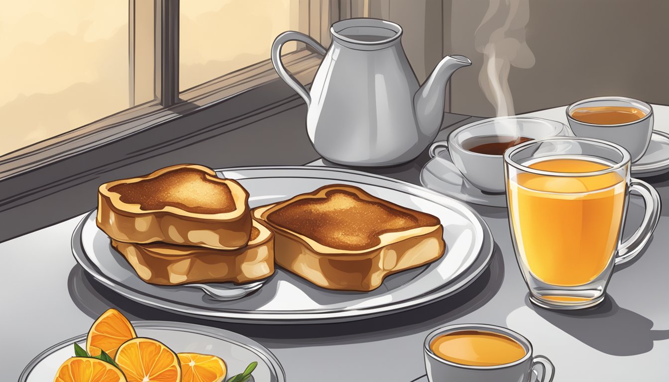 A table set with a freshly baked apple french toast, surrounded by a steaming cup of coffee, a glass of orange juice, and a small dish of maple syrup