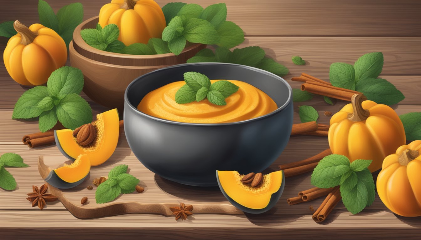 A bowl of apricot and acorn squash puree sits on a rustic wooden table, garnished with a sprinkle of cinnamon and a sprig of fresh mint