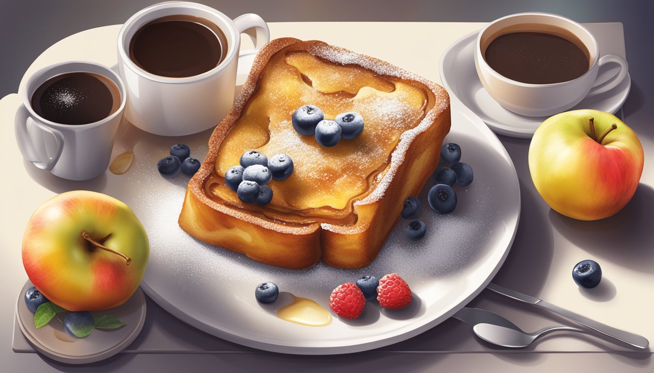 A plate of baked apple French toast, topped with syrup and powdered sugar, surrounded by fresh fruit and a steaming cup of coffee