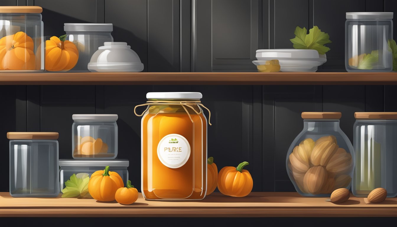 A glass jar filled with vibrant orange apricot and acorn squash puree, sealed with a lid and placed on a shelf in a cool, dark pantry