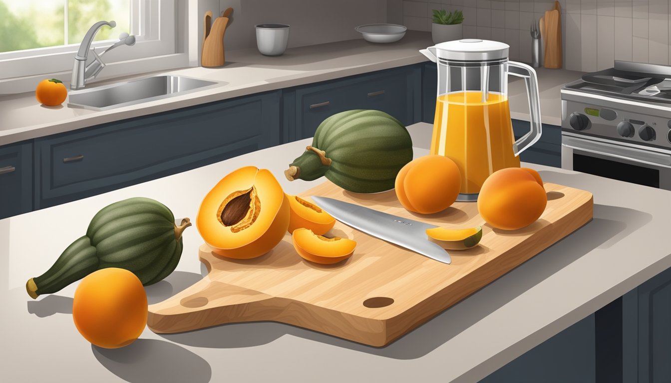 A wooden cutting board with ripe apricots and acorn squash, a knife, and a blender on a kitchen counter