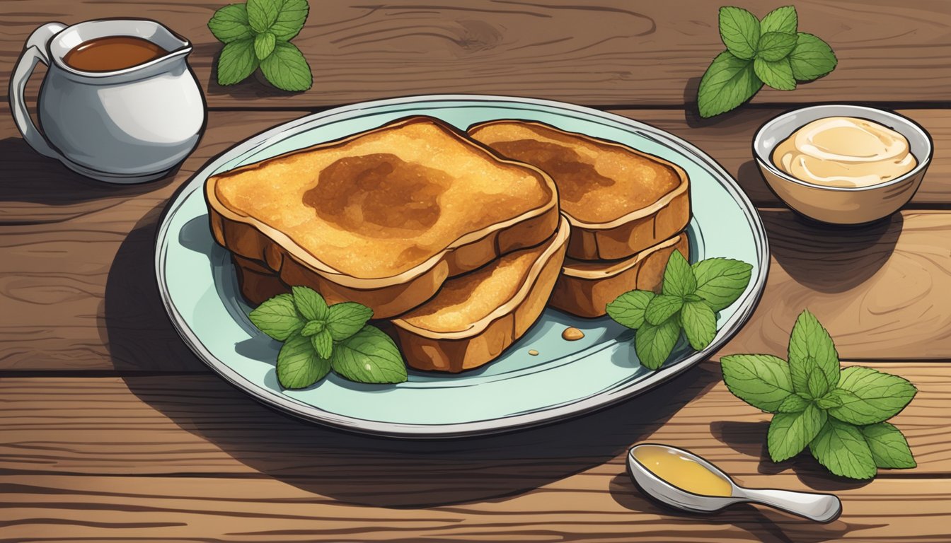 A plate of baked apple French toast sits on a rustic wooden table, accompanied by a small dish of syrup and a sprig of fresh mint