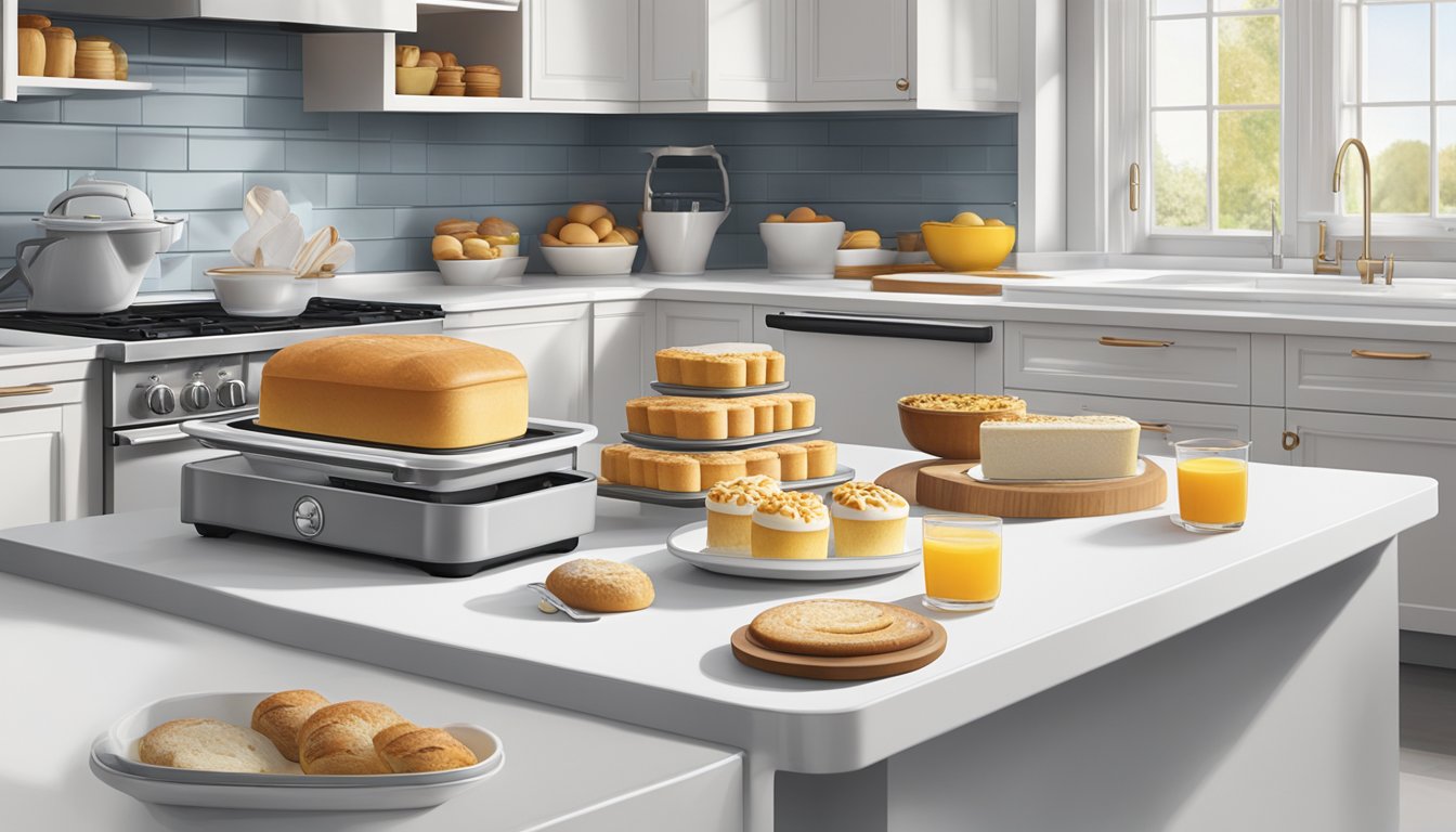 A pristine kitchen counter with a sleek, white Emile Henry Modern Classics Rectangular Baker filled with freshly baked goods