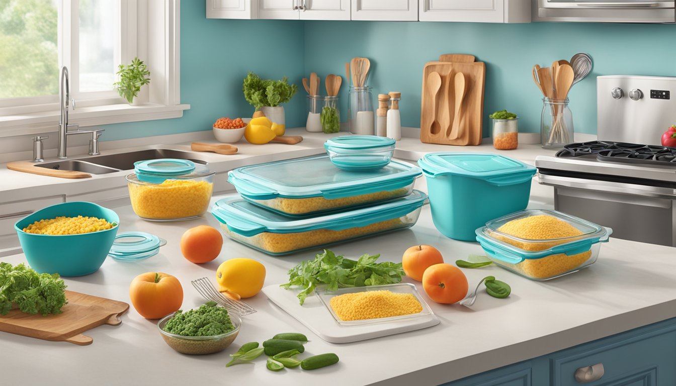 A kitchen counter with Pyrex Easy Grab Glass Bakeware and Food Storage Set, surrounded by fresh ingredients and utensils